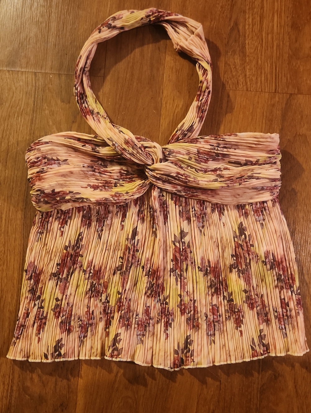 SHEIN Pink Floral Pleated Halter Crop Top with Yellow Accents